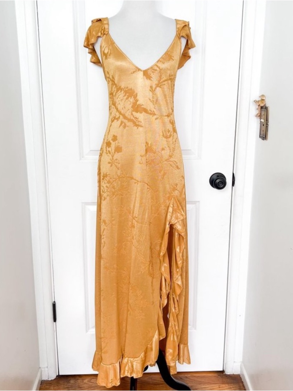 Zara Gold Satin Maxi Dress with Ruffle Details